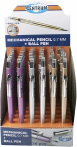 Creion mecanic 0,7 mm cu radiera si pix in capat, culori metalice, display carton 36 buc