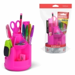 Set birou echipat culoare roz neon. contine: capsator, text marker, agrafe, ascutitoare, foarfeca, radiera, 4 pixuri, creion HB, rigla de 15cm.  