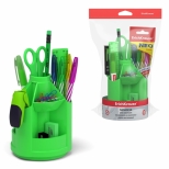Set birou echipat culoare verde neon. contine: capsator, text marker, agrafe, ascutitoare, foarfeca, radiera, 4 pixuri, creion HB, rigla de 15cm.  