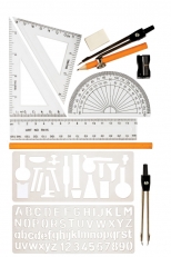 Trusa geometrie in cutie metalica : compas cu creion HB, compas cu gradatii, rigla 15 cm, 2 echere,raportor,  2 rigle sablon, ascutitoare, radiera